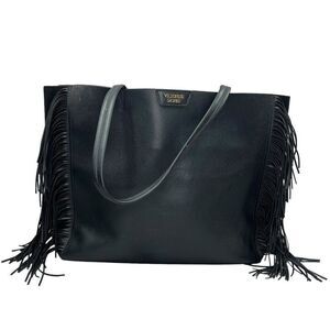Victoria's Secret Women's Black Faux Leather Fringe Tote Shoulder Bag